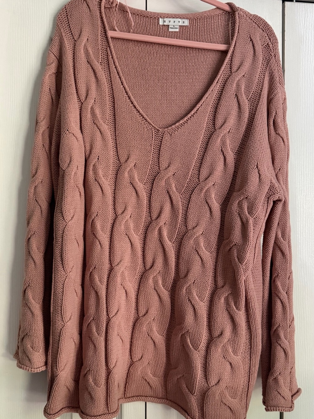 HYFVE Dusty Rose Cable Knit V-Neck Sweater